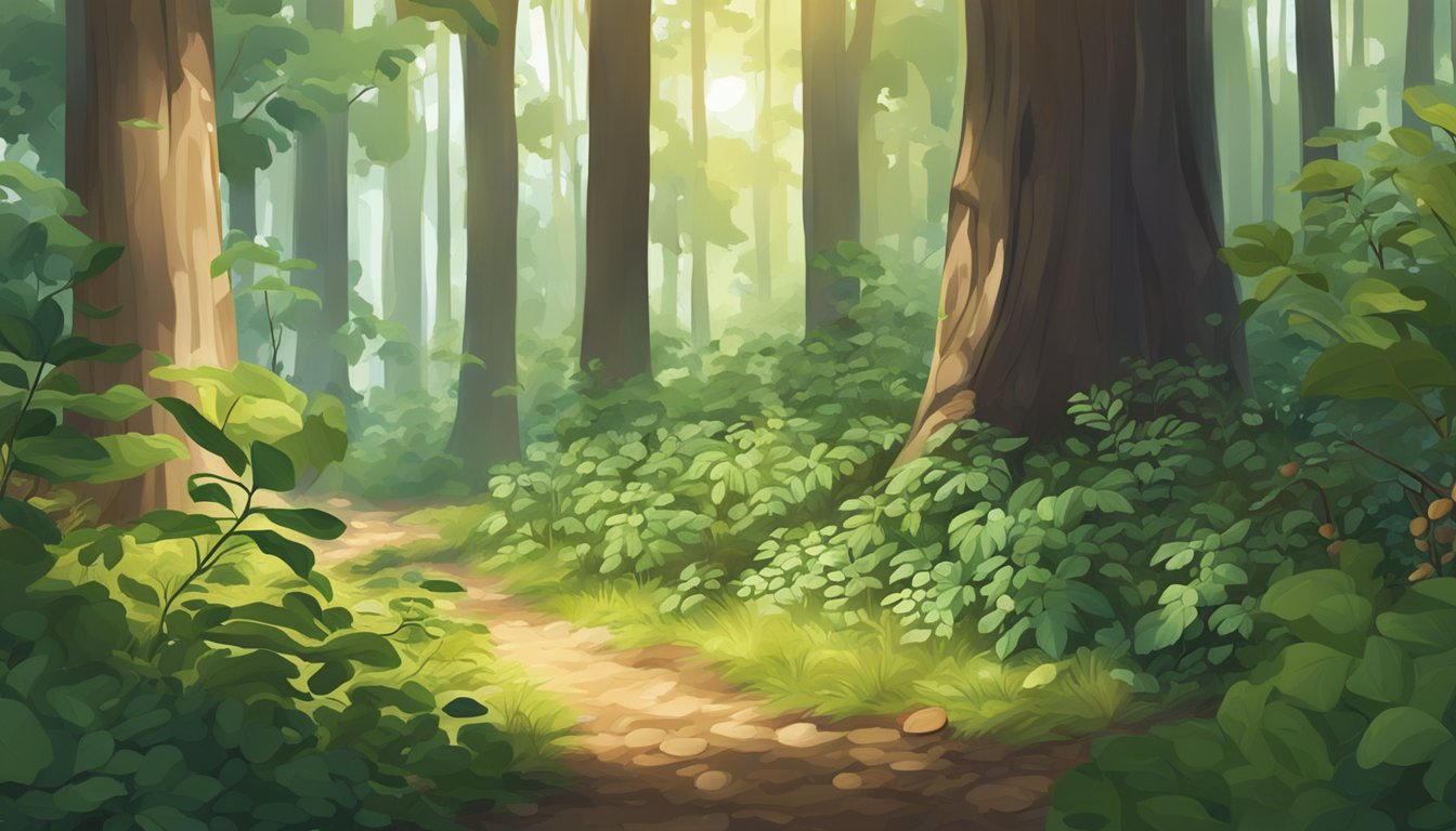 A lush forest floor with wild berries, nuts, and herbs amidst towering trees and dappled sunlight