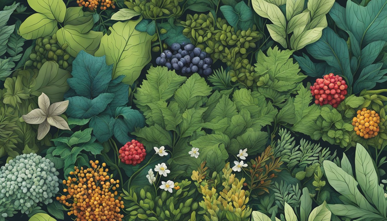 A lush forest floor with various native edible plants including berries, herbs, and roots. A mix of vibrant colors and textures with a sense of abundance and natural beauty