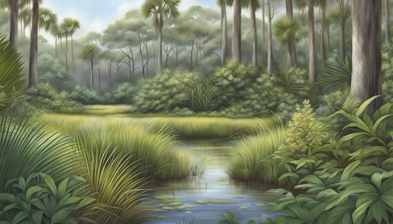 A lush forest floor with various native edible plants, including palmetto, yaupon holly, and coastal sea oats, surrounded by a marsh and the lowcountry landscape