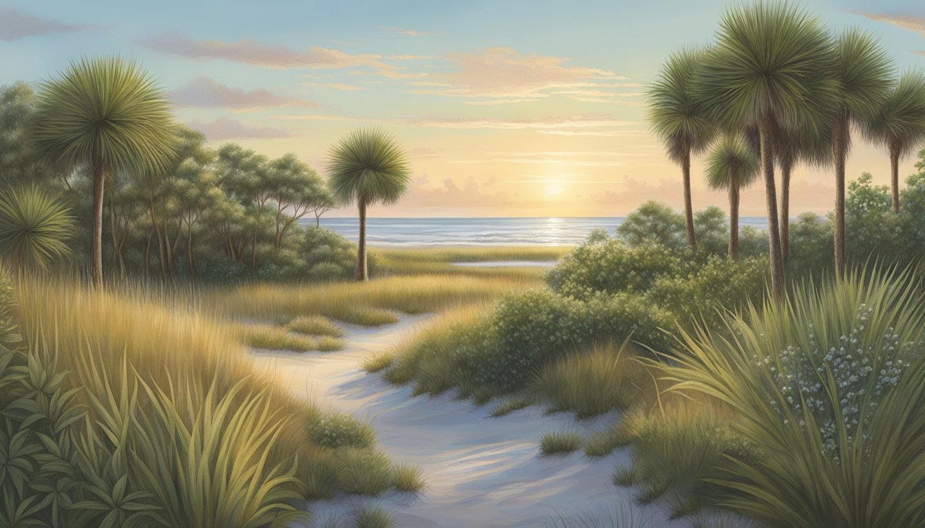 A lush, coastal landscape featuring palmetto trees, sea oats, and marsh grasses, with a variety of edible plants such as yaupon holly and elderberry scattered throughout