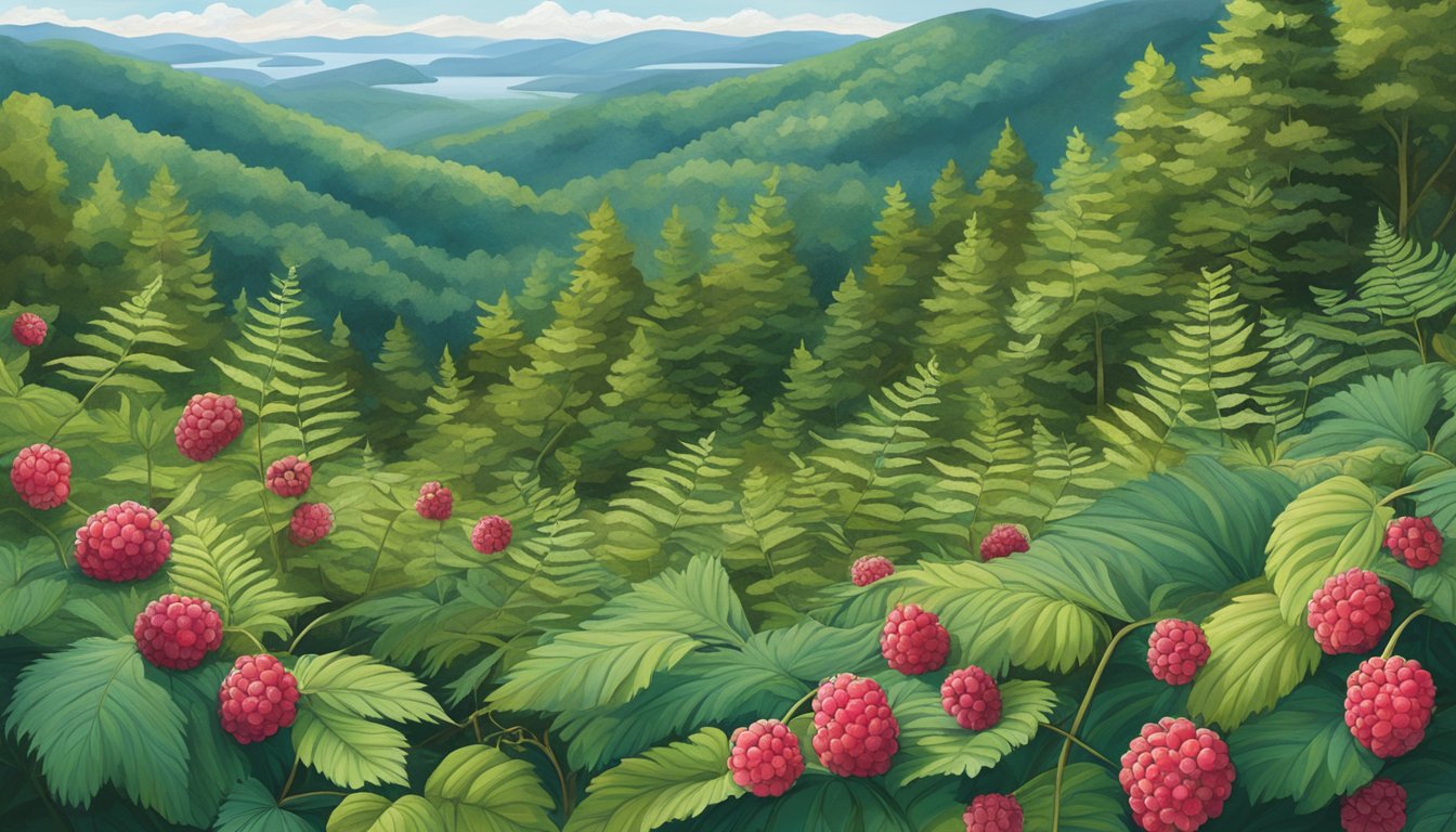 Lush forest floor with wild raspberries, blackberries, and native ferns, surrounded by towering Blue Ridge Mountains