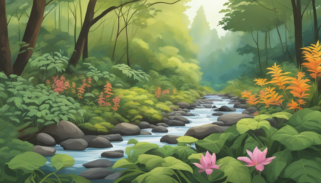 Lush forest floor with vibrant native plants like ramps, pawpaws, and wild ginger. A stream winds through the landscape, surrounded by diverse flora