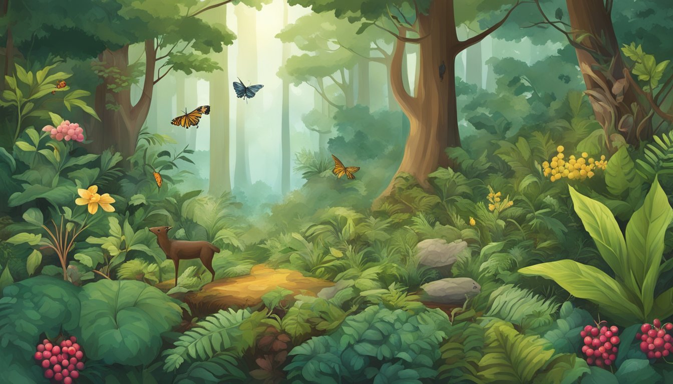 A lush forest floor with a variety of native plants, including berries, leaves, and roots, surrounded by a diverse ecosystem of insects and animals