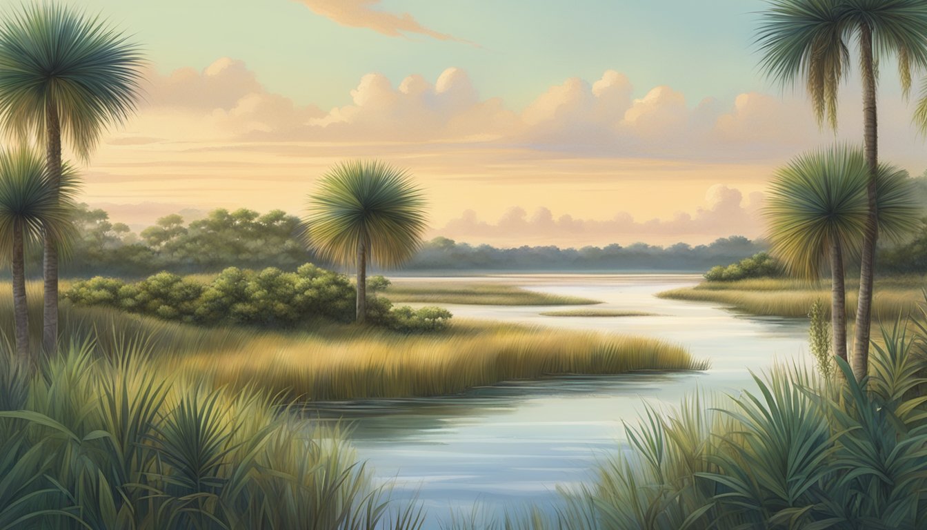 A lush, coastal landscape with palmetto trees, sea oats, and marsh grasses, surrounded by water and teeming with wildlife