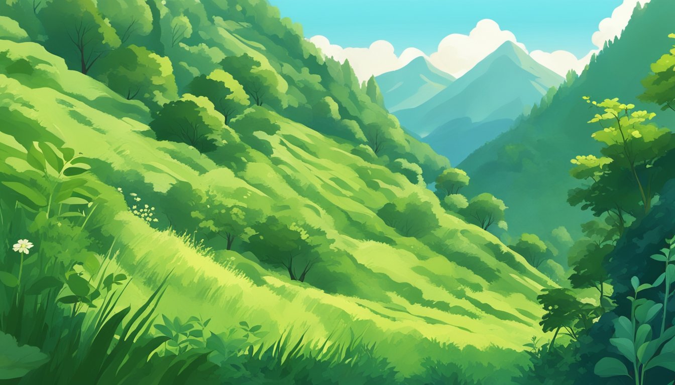 Lush green mountainside with wild herbs and roots scattered among the foliage, under the clear blue sky