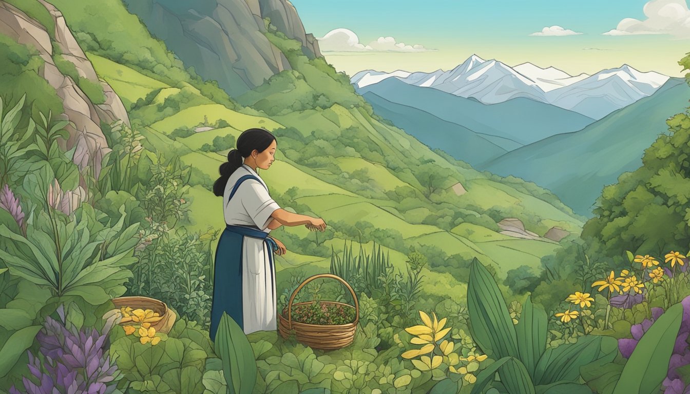 Lush mountainside with foraged plants and herbs, a chef preparing a meal, and a medicine woman gathering medicinal plants