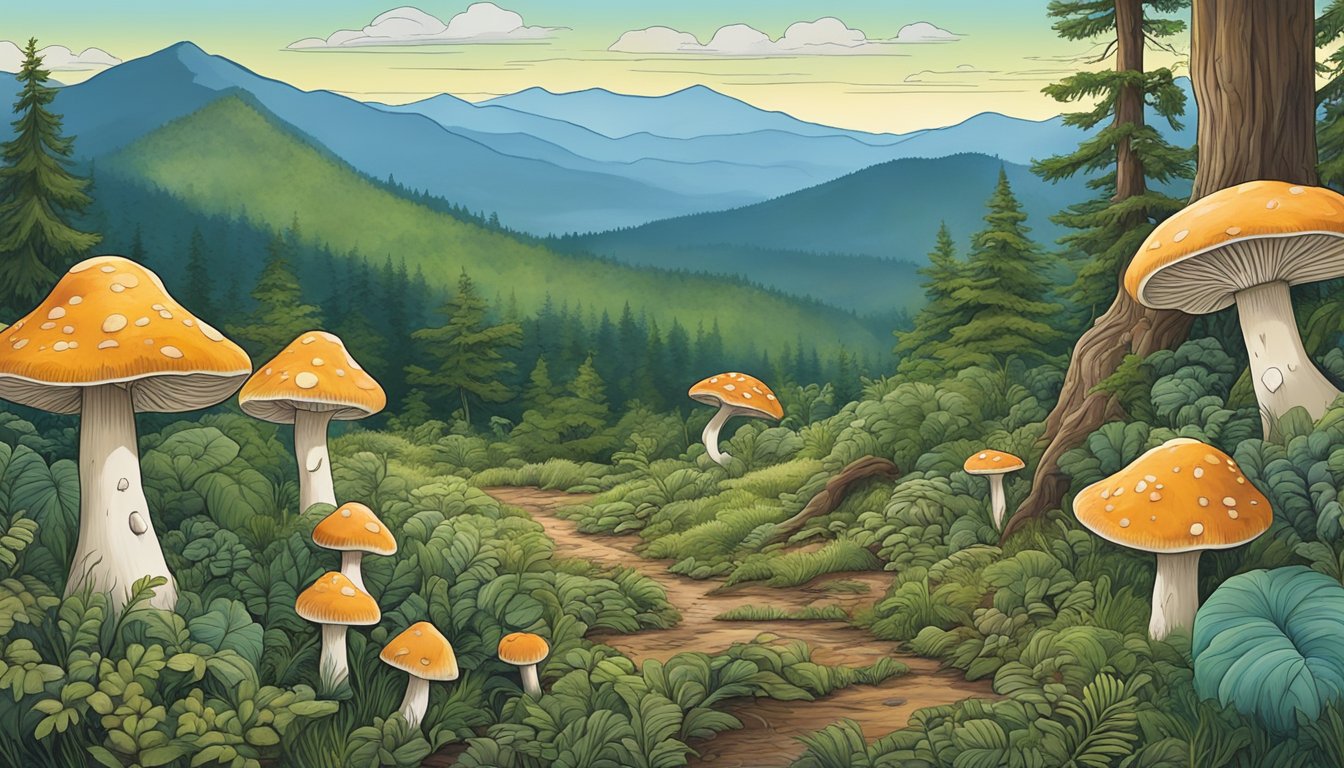 Lush green forest floor with a variety of wild mushrooms and fungi, surrounded by the majestic Blue Ridge Mountains