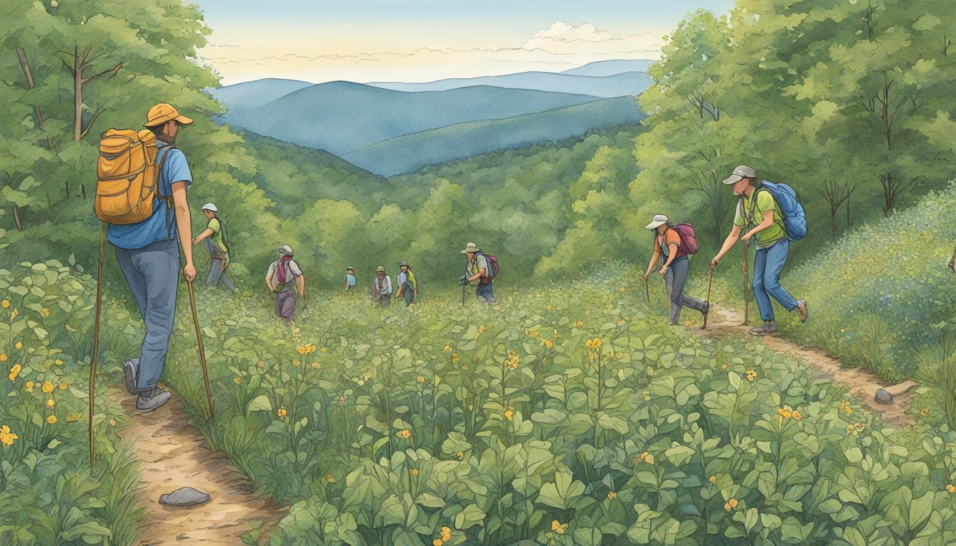 Hikers foraging for native edible plants in the Blue Ridge Mountains, following recreational activity guidelines