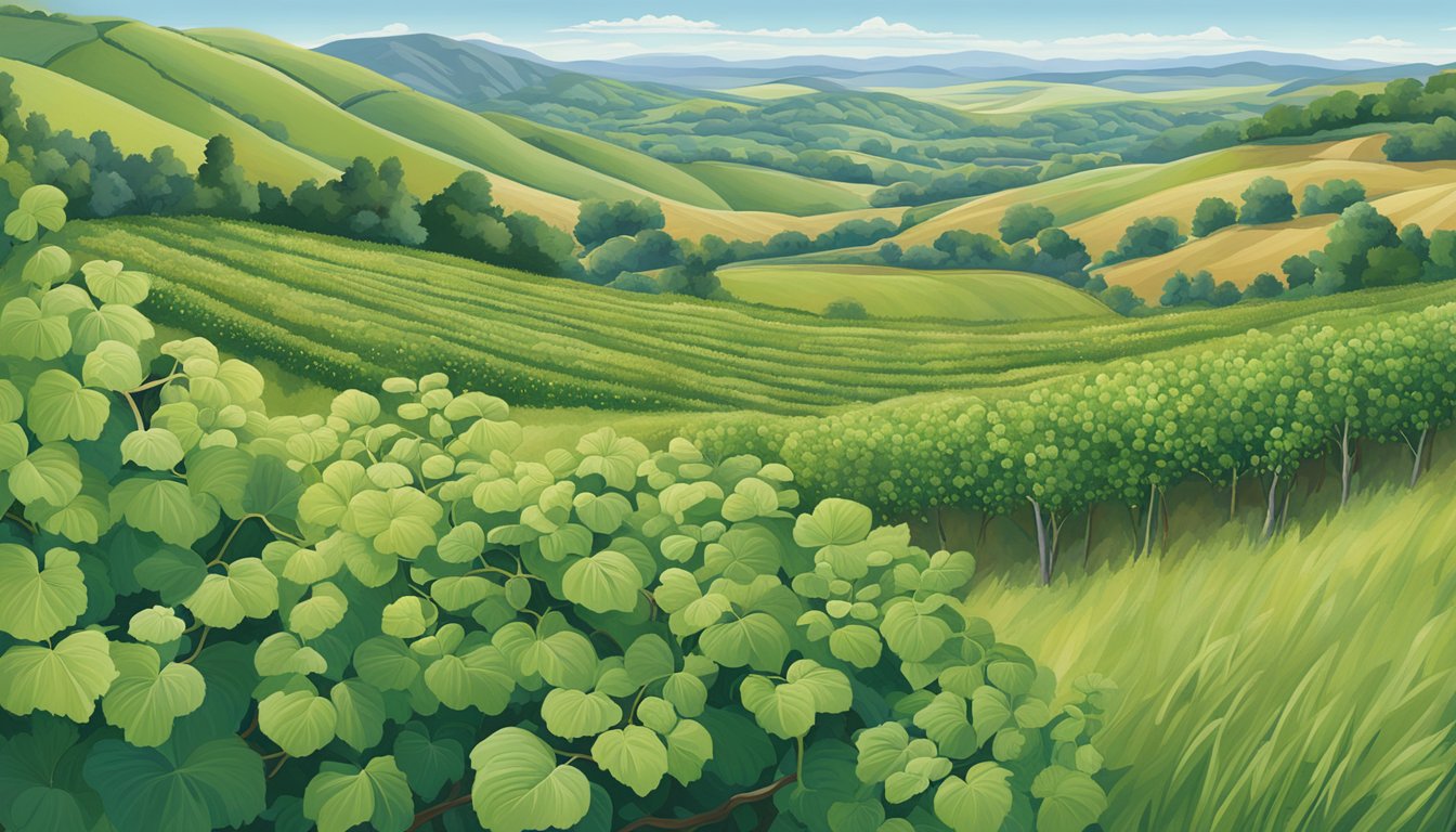 A vibrant scene of native edible plants in the Central Valley, including wild grapes, elderberries, and miner's lettuce, set against a backdrop of rolling hills and clear blue skies