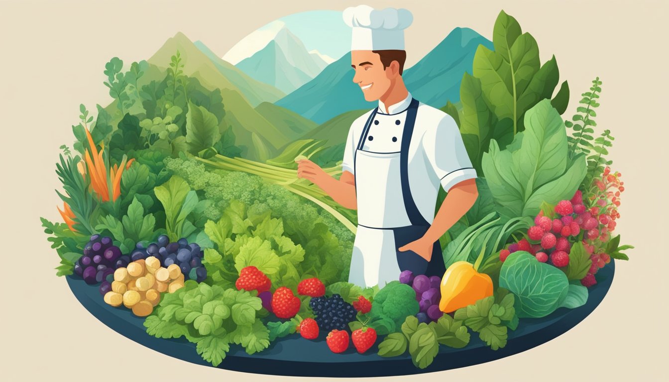 A lush valley with wild herbs, berries, and leafy greens. A chef gathers ingredients, surrounded by vibrant, edible plants