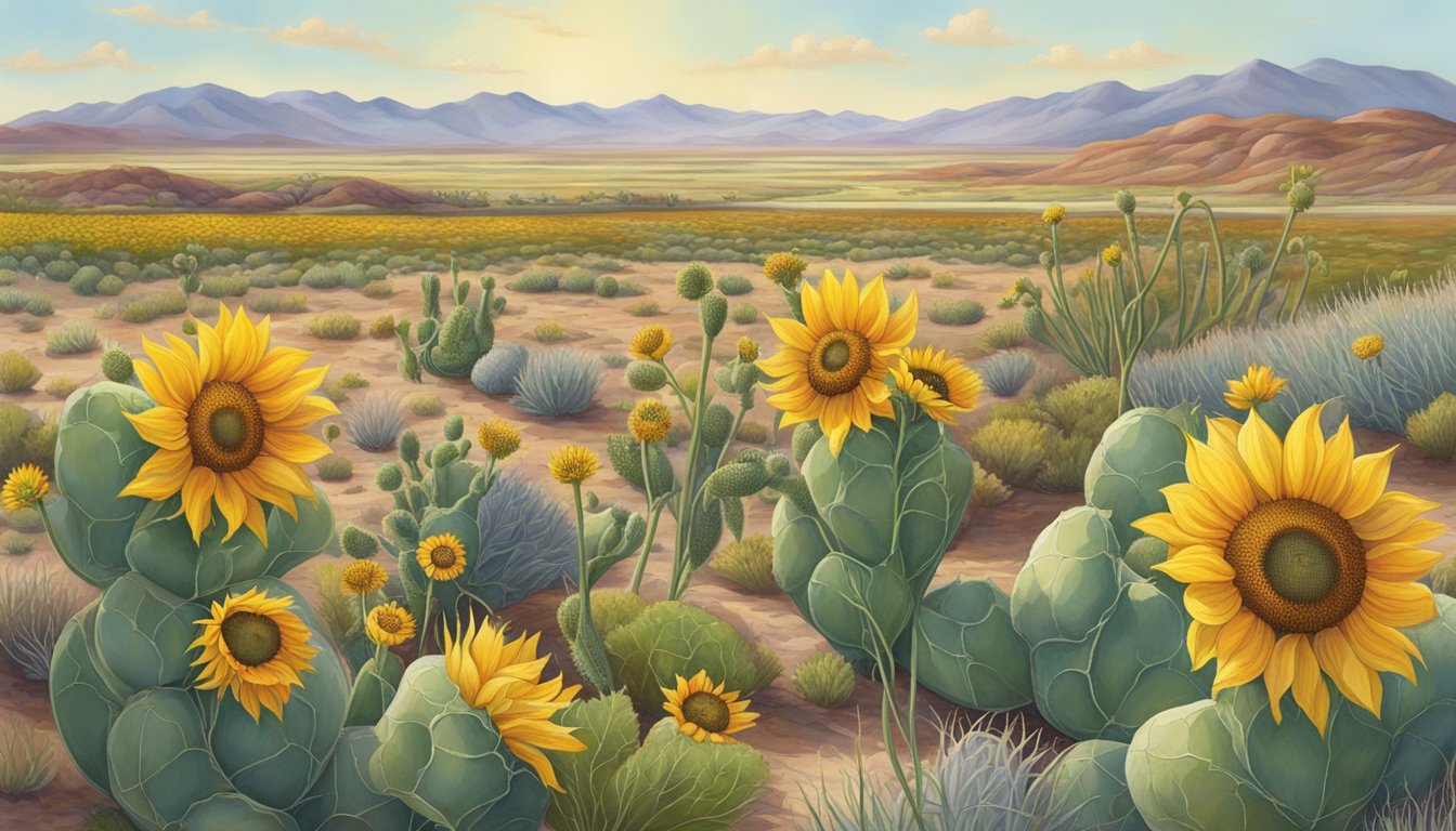 A colorful array of high plains native edible plants, including sunflowers, wild onions, and prickly pear cacti, grows amidst the dry, open landscape