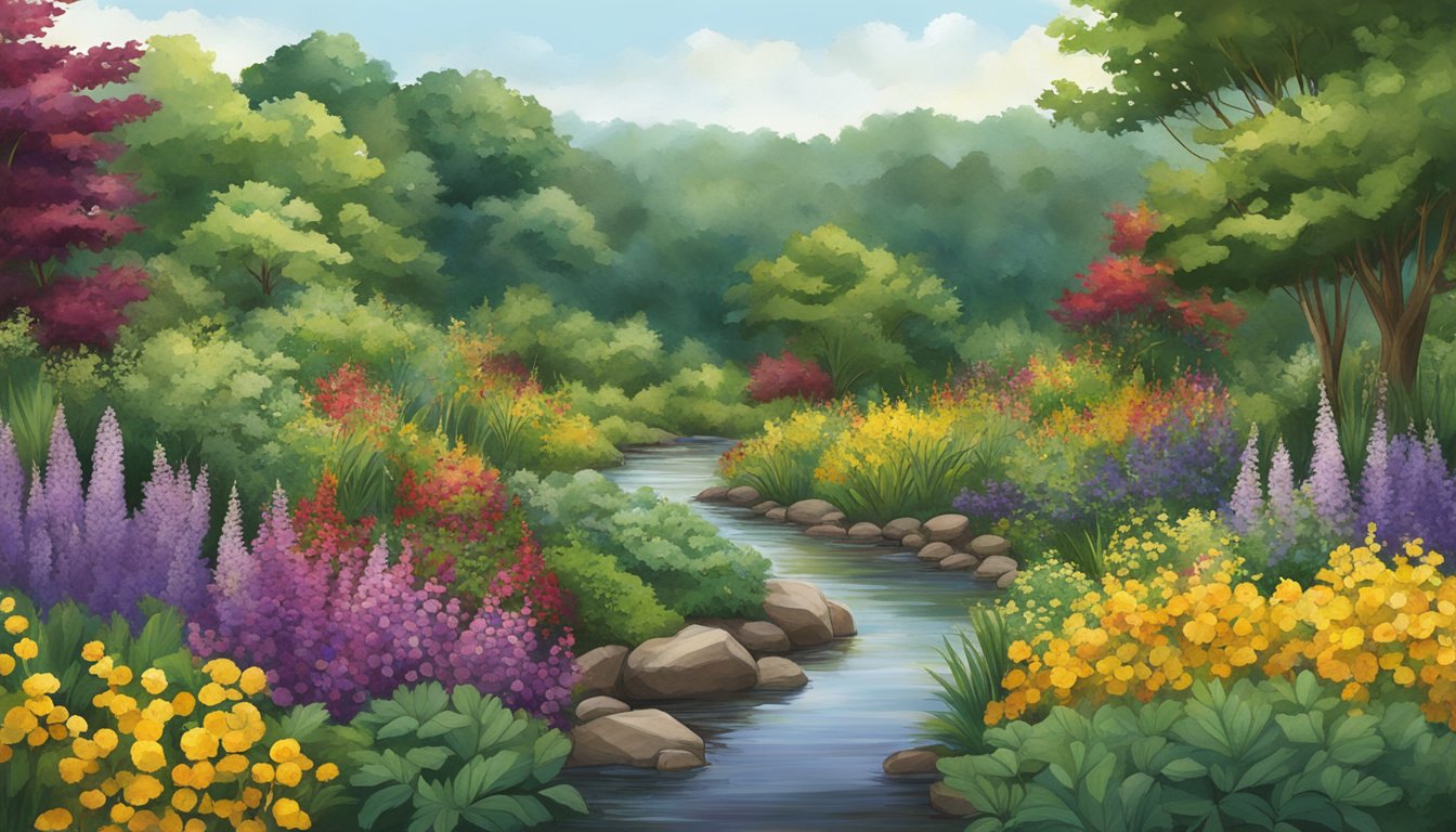 A lush landscape of vibrant green foliage, with pops of deep red, purple, and yellow from the native edible plants of the Chesapeake Bay region