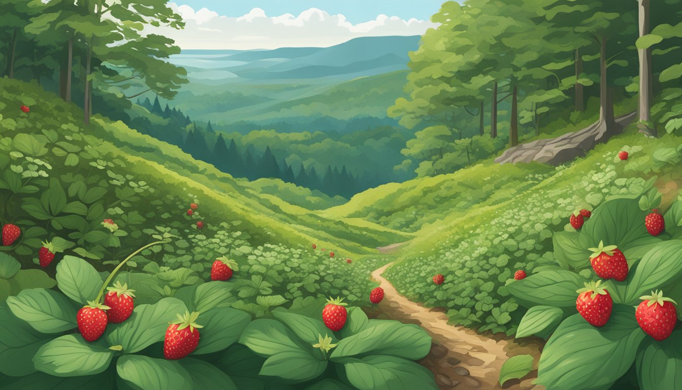 A lush forest floor filled with wild strawberries, ramps, and elderberry bushes, surrounded by rolling hills and limestone bluffs