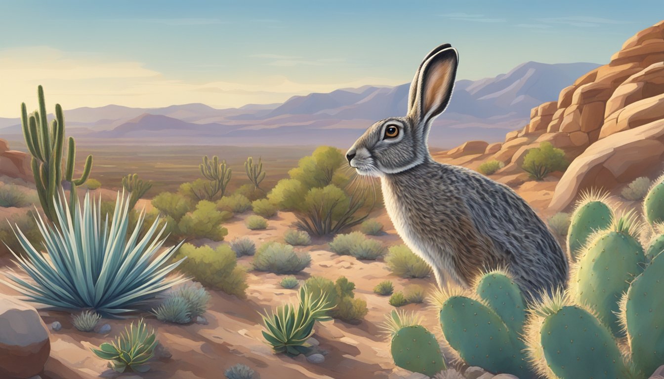 A rocky desert landscape with sagebrush, prickly pear cactus, and juniper trees. A jackrabbit nibbles on the leaves of a yucca plant while a hawk soars overhead