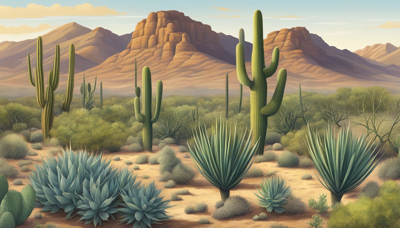 A desert landscape with prickly pear cacti, agave plants, and mesquite trees, showcasing the key characteristics of native edible plants in the high desert