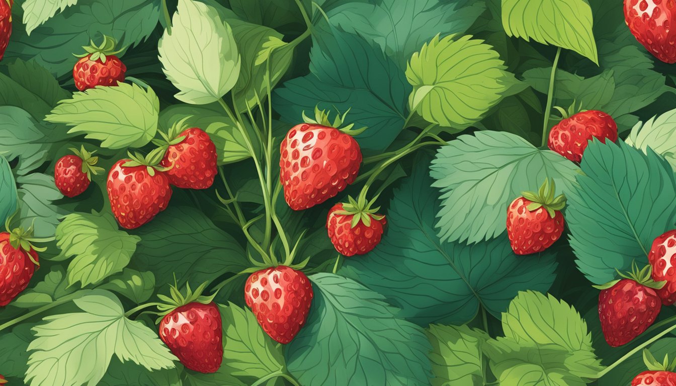 Lush forest floor with wild strawberries, ramps, and elderberries. Sunlight filters through the trees, casting dappled shadows on the vibrant foliage