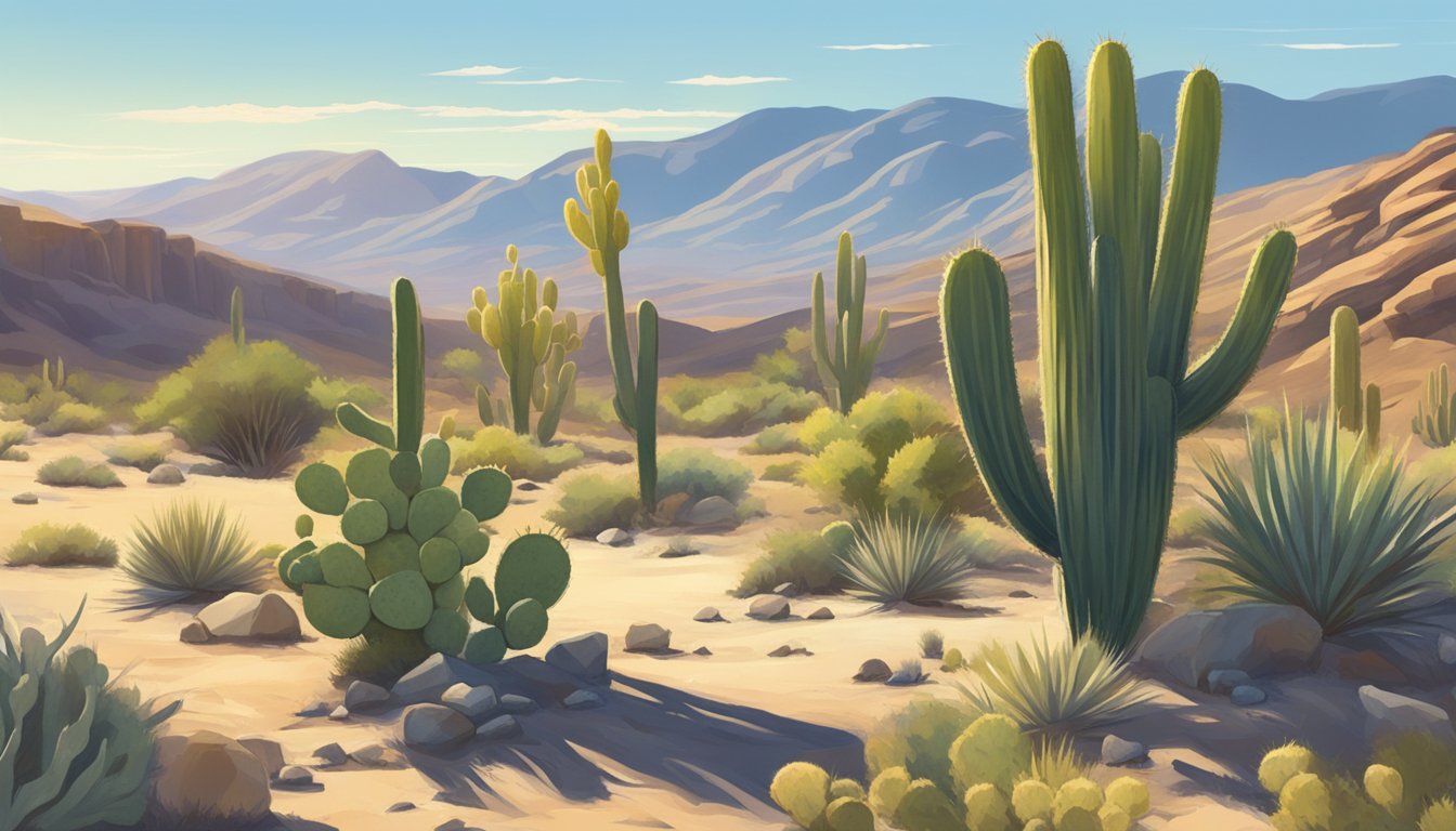 A desert landscape with prickly pear cacti, yucca plants, and sagebrush. Sunlight casts long shadows on the rocky terrain