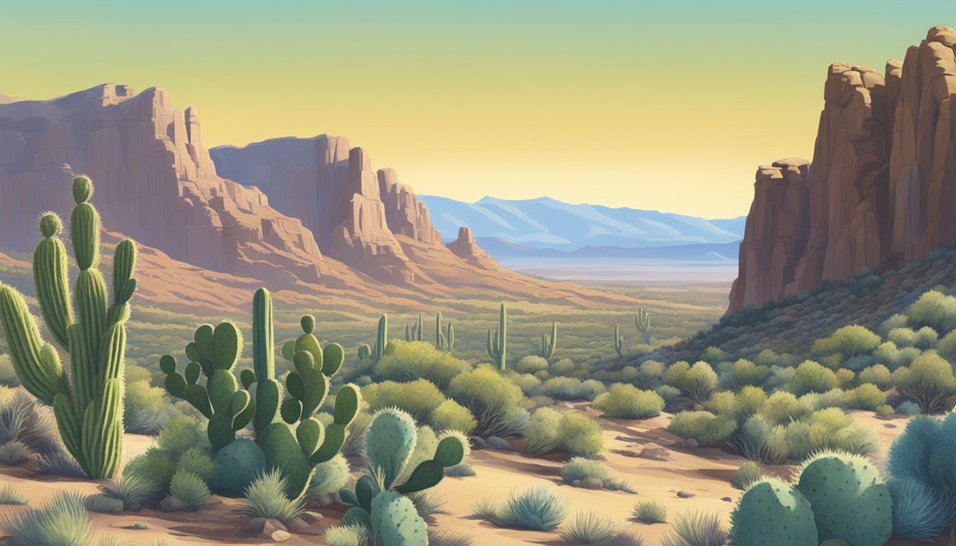 A desert landscape with prickly pear cacti, juniper trees, and sagebrush, with a backdrop of rocky cliffs and a clear blue sky