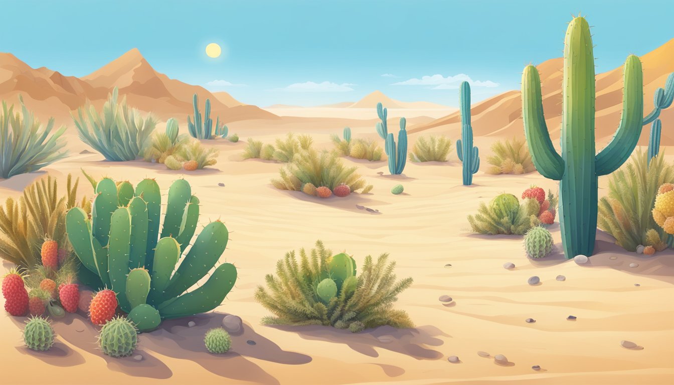 A desert landscape with cacti, fruits, and berries scattered across the sandy ground, under a bright sun and clear blue sky