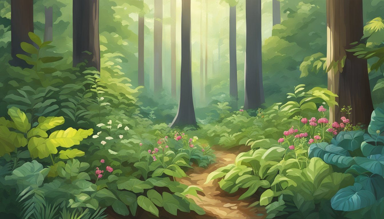 A lush forest floor with a variety of native edible plants, including wild berries, greens, and herbs, surrounded by tall trees and dappled sunlight