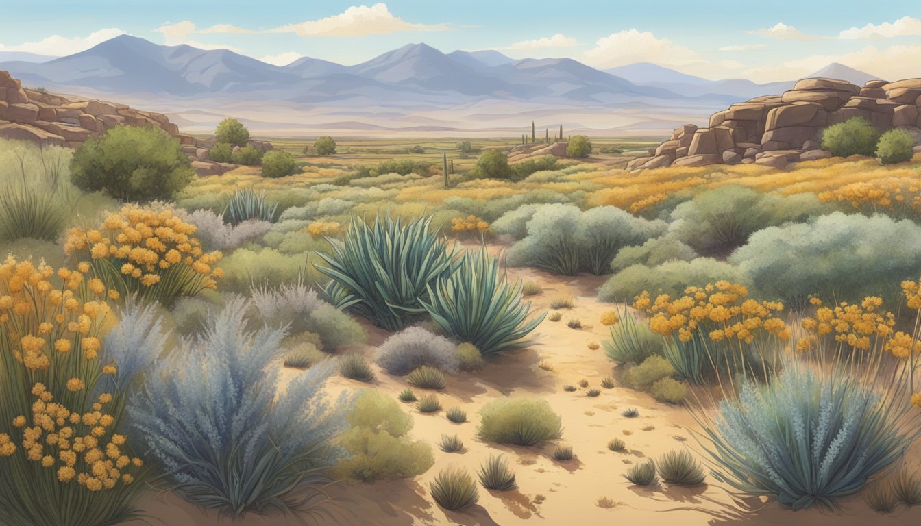 The high desert landscape is dotted with tall grasses, clusters of grains, and patches of tubers, all native edible plants thriving under the bright sun