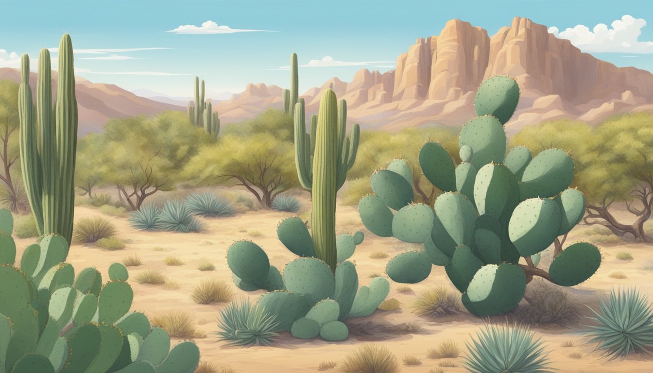 A desert landscape with prickly pear cactus, yucca, and mesquite trees. A person is gathering ingredients and preparing them for cooking