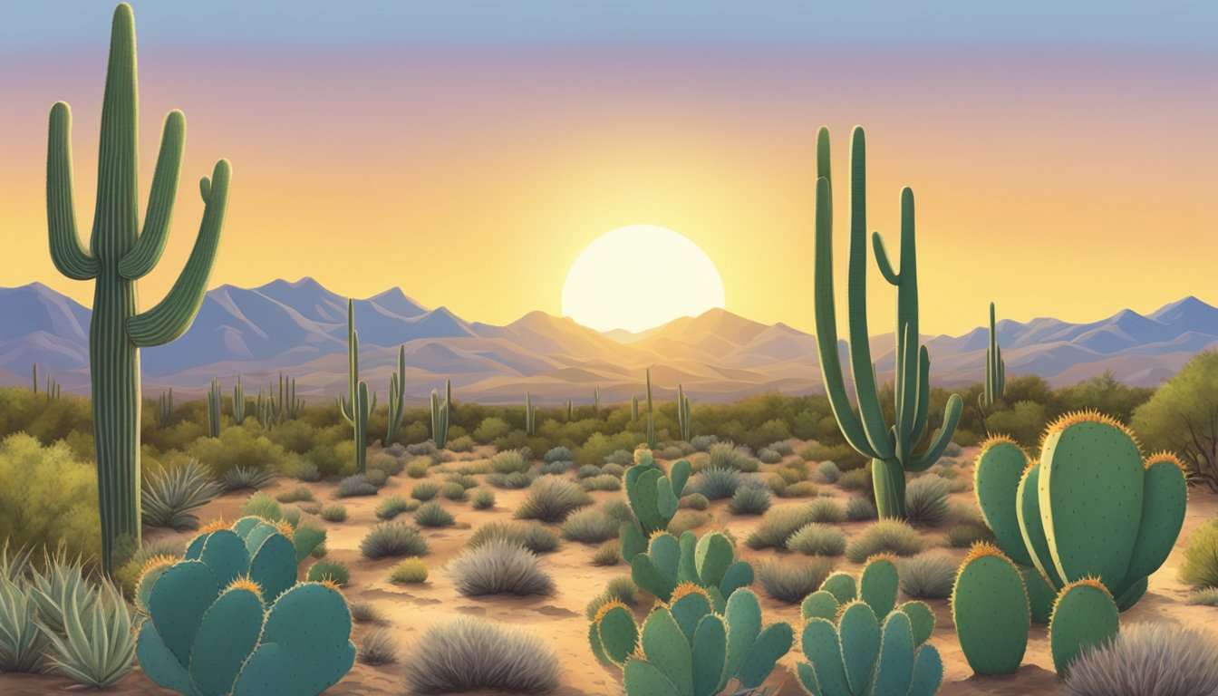 A desert landscape with prickly pear cacti, mesquite trees, and agave plants under the bright sun of Tucson, Arizona