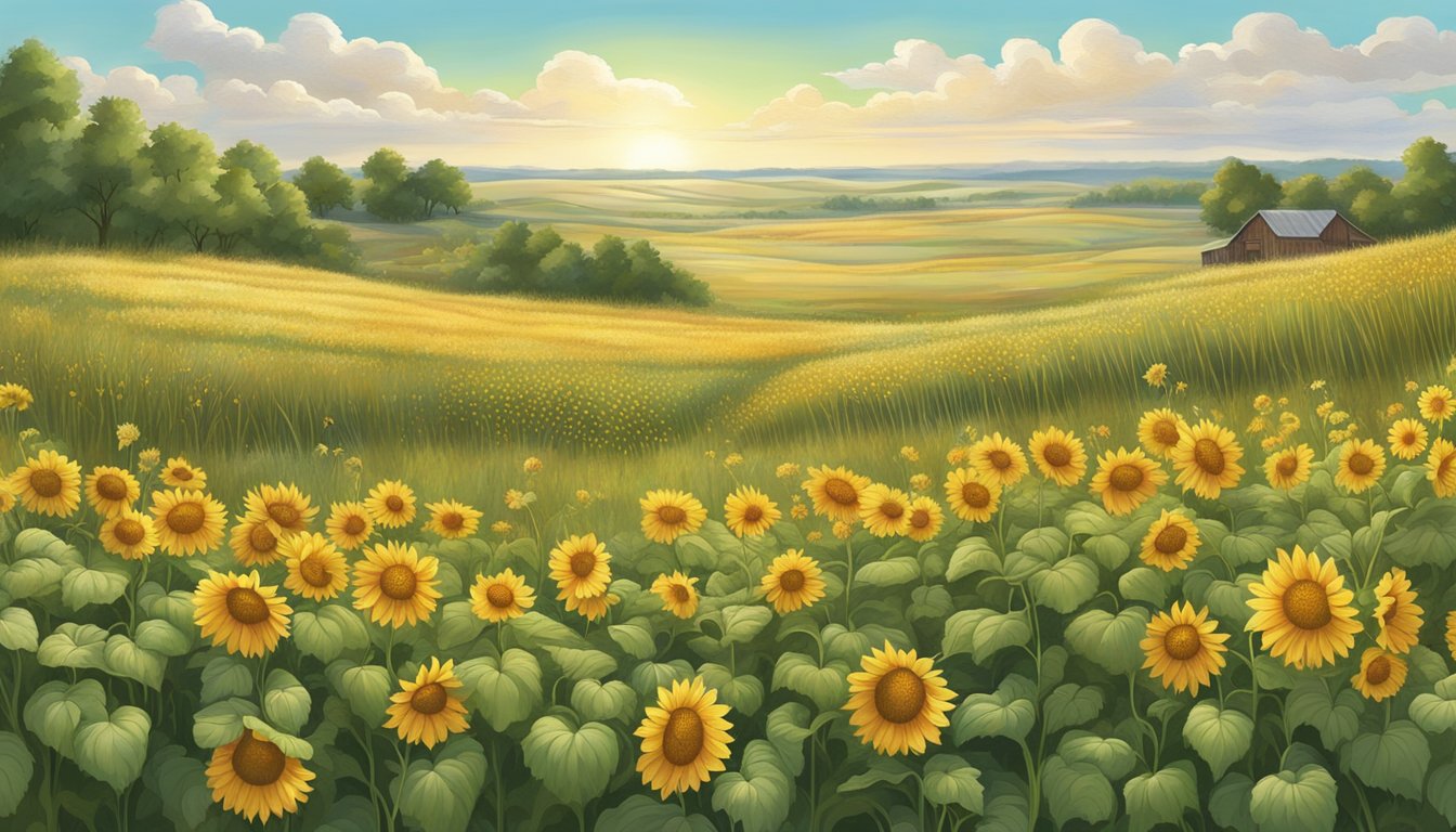 A prairie landscape with sunflowers, wild strawberries, and prairie turnips growing among the tall grasses and rolling hills of the Great Plains