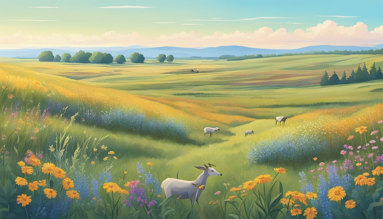 A vast prairie with colorful wildflowers, grasses, and bushes. A clear blue sky and a few grazing animals in the distance