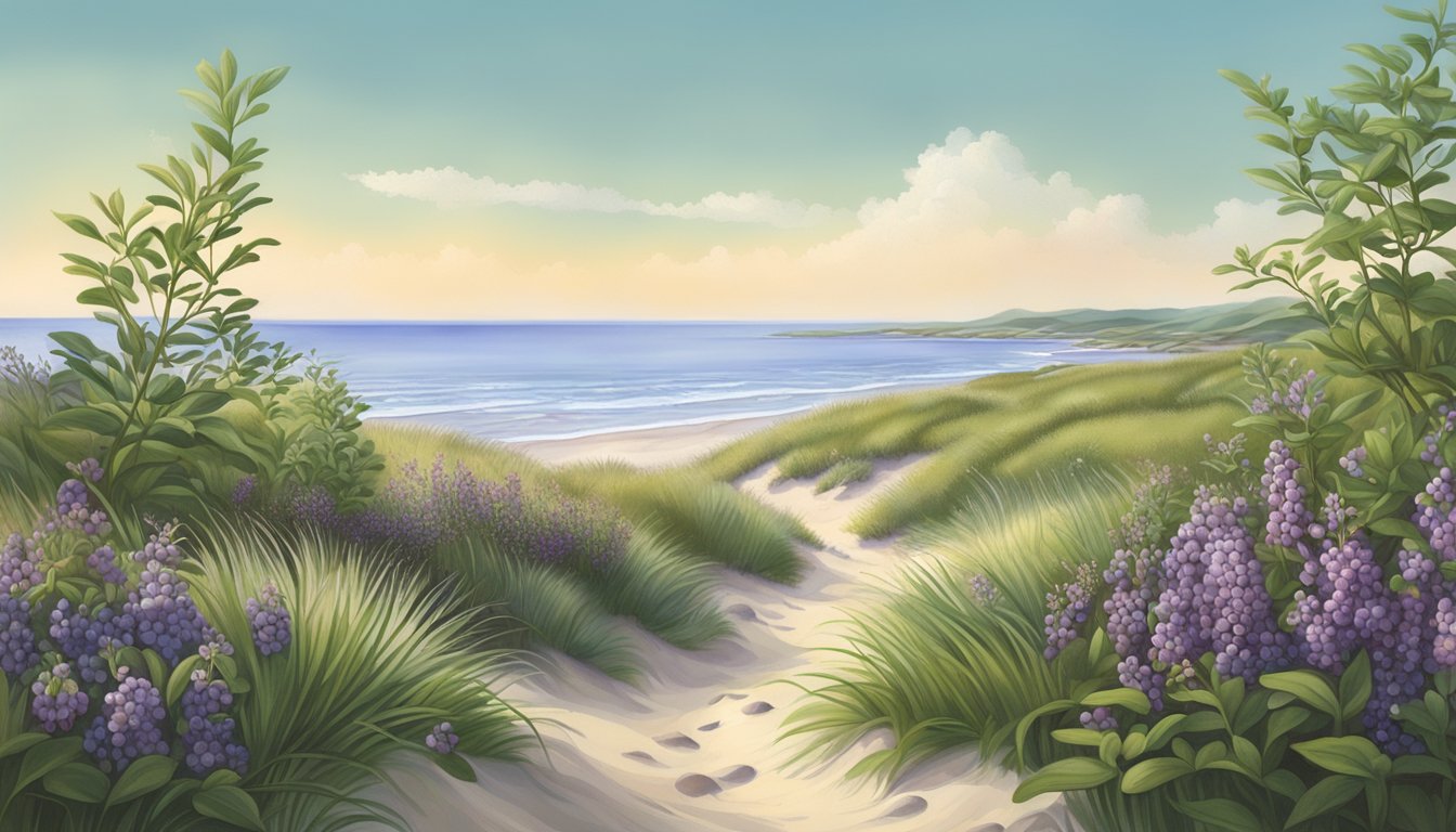 Lush coastal landscape with wild blueberries, beach plums, and sea rocket growing among dunes and marshes