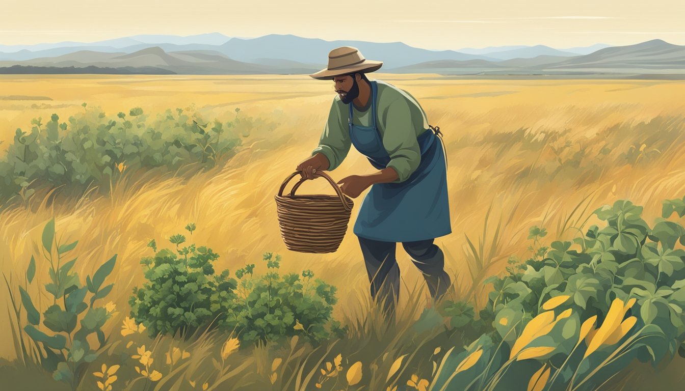 A figure gathers wild plants in a vast open plain, using a basket and knife to harvest edible vegetation