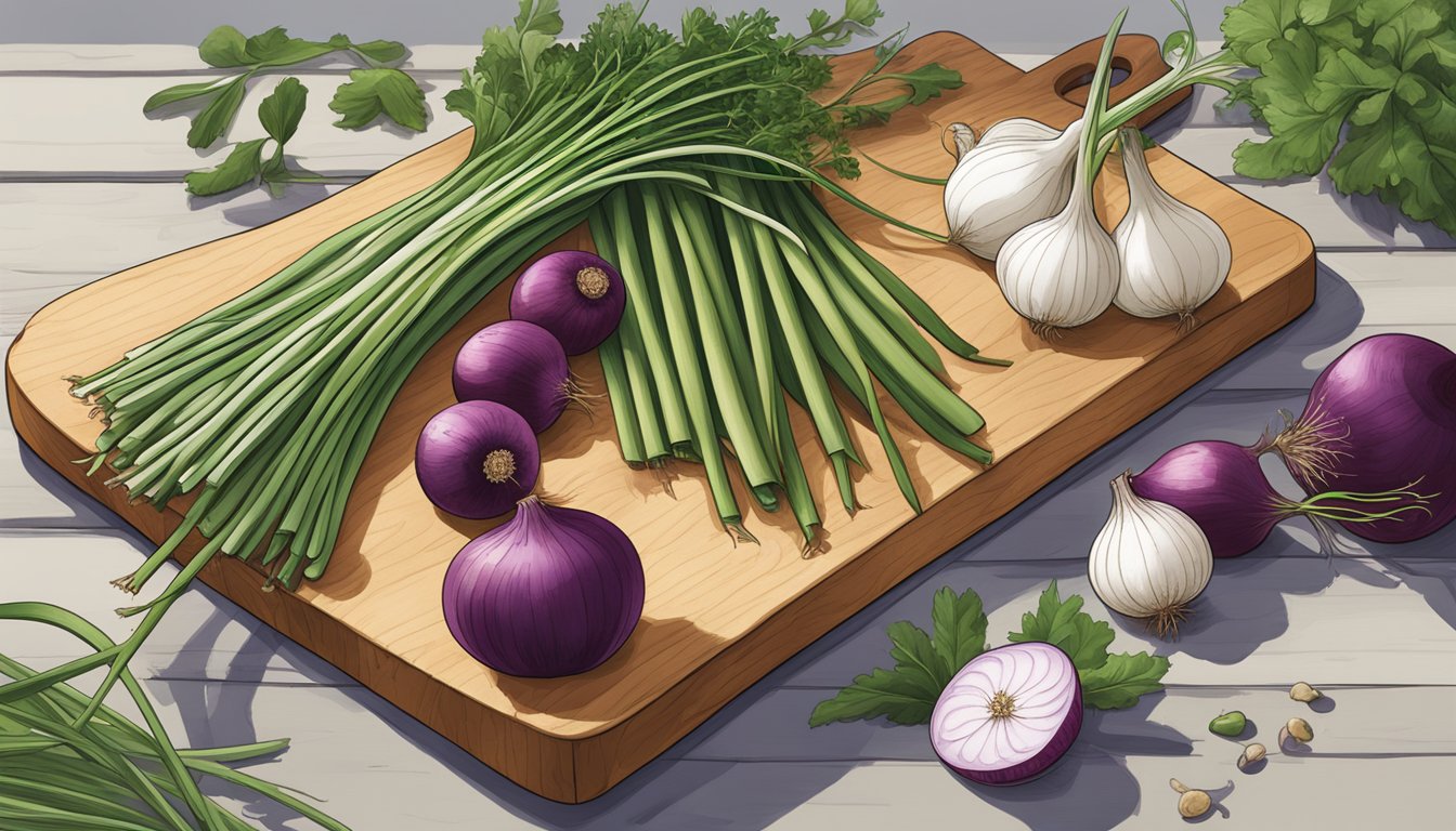 A colorful array of native plants like wild onions, prairie turnips, and chokecherries arranged on a wooden cutting board