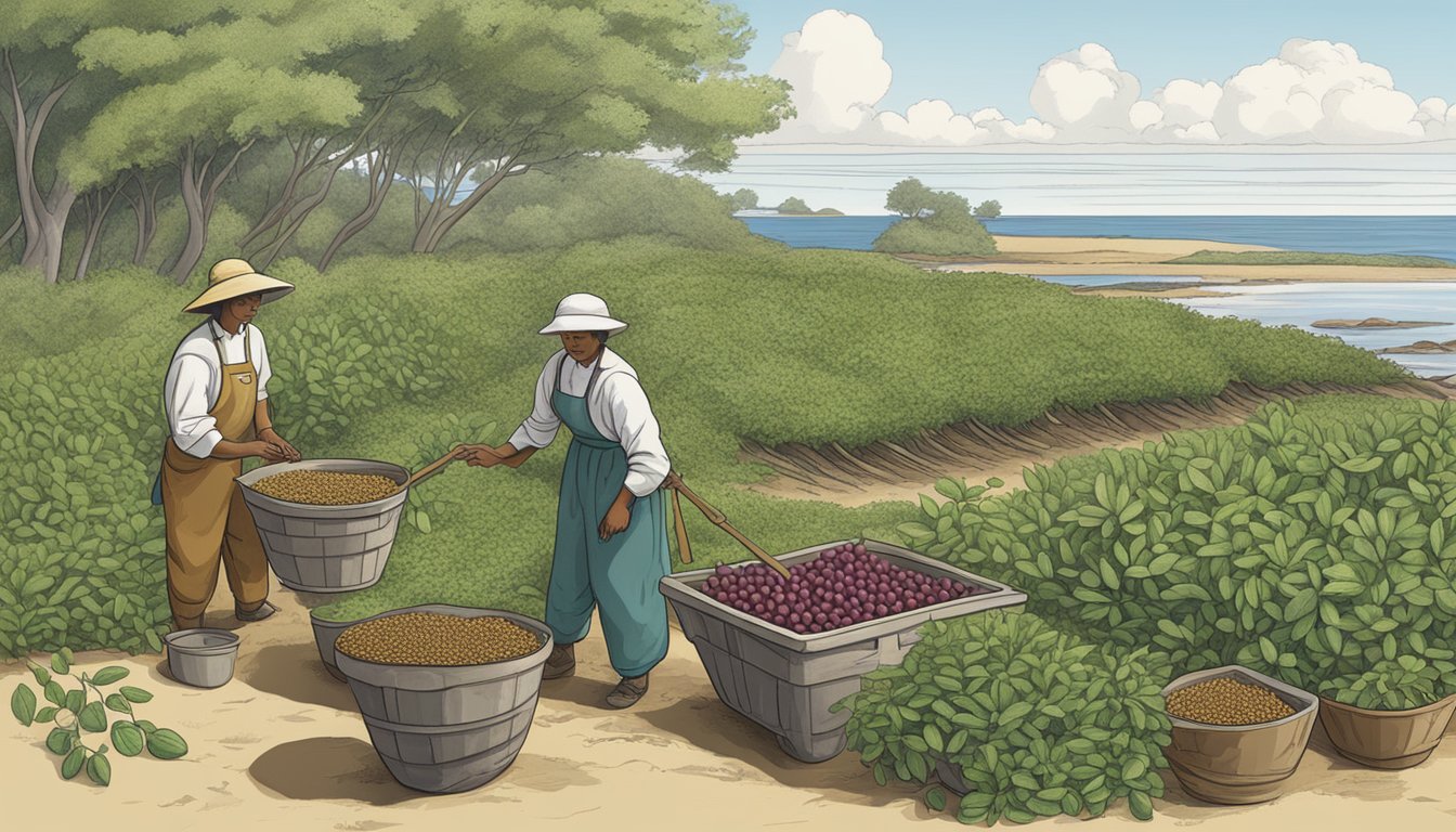 An illustration of a coastal landscape with native edible plants like beach plums, sea beans, and marsh elder being harvested and prepared for traditional cooking