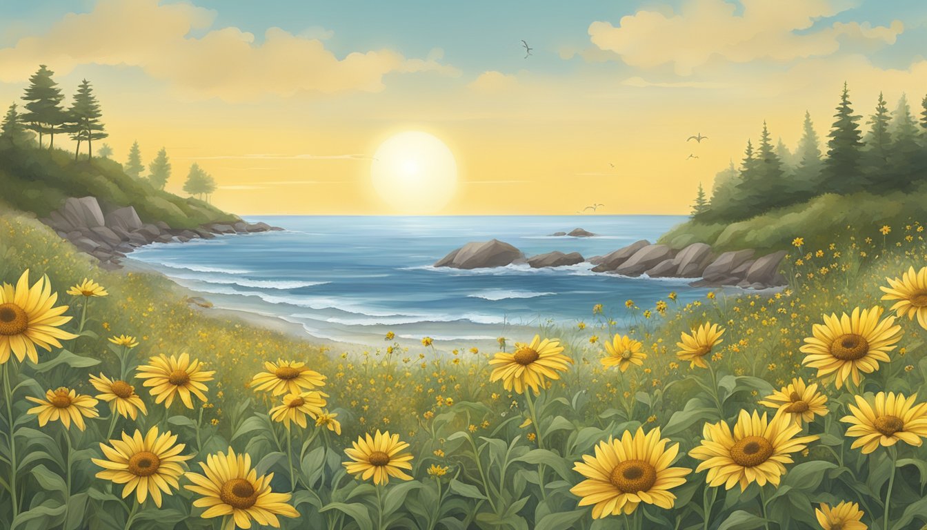 A coastal landscape with wildflowers like beach sunflower, sea oxeye daisy, and seaside goldenrod