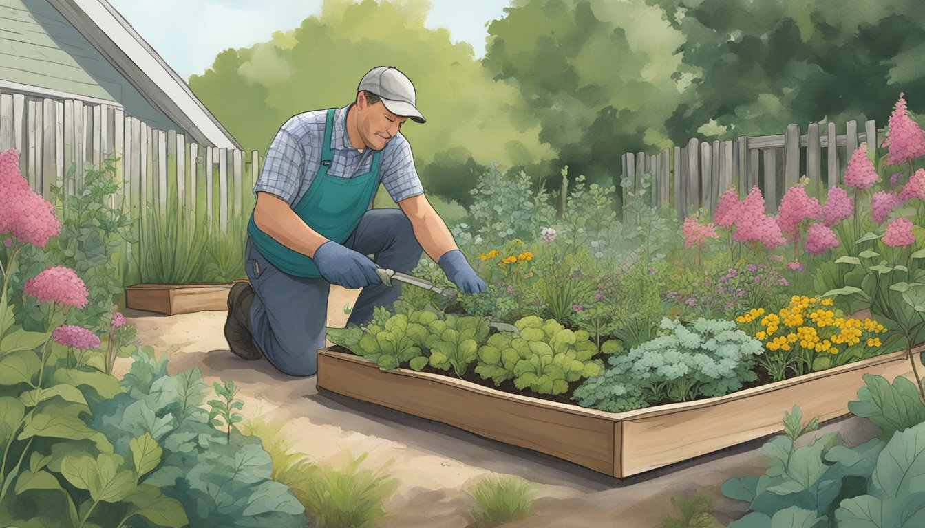 A garden bed filled with native edible plants from the eastern shore, being carefully tended to by a gardener