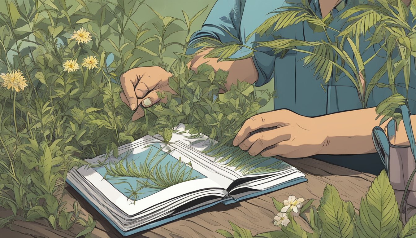 A person wearing gloves carefully collects native plants from the Gulf Coast, using a guidebook to ensure safe foraging