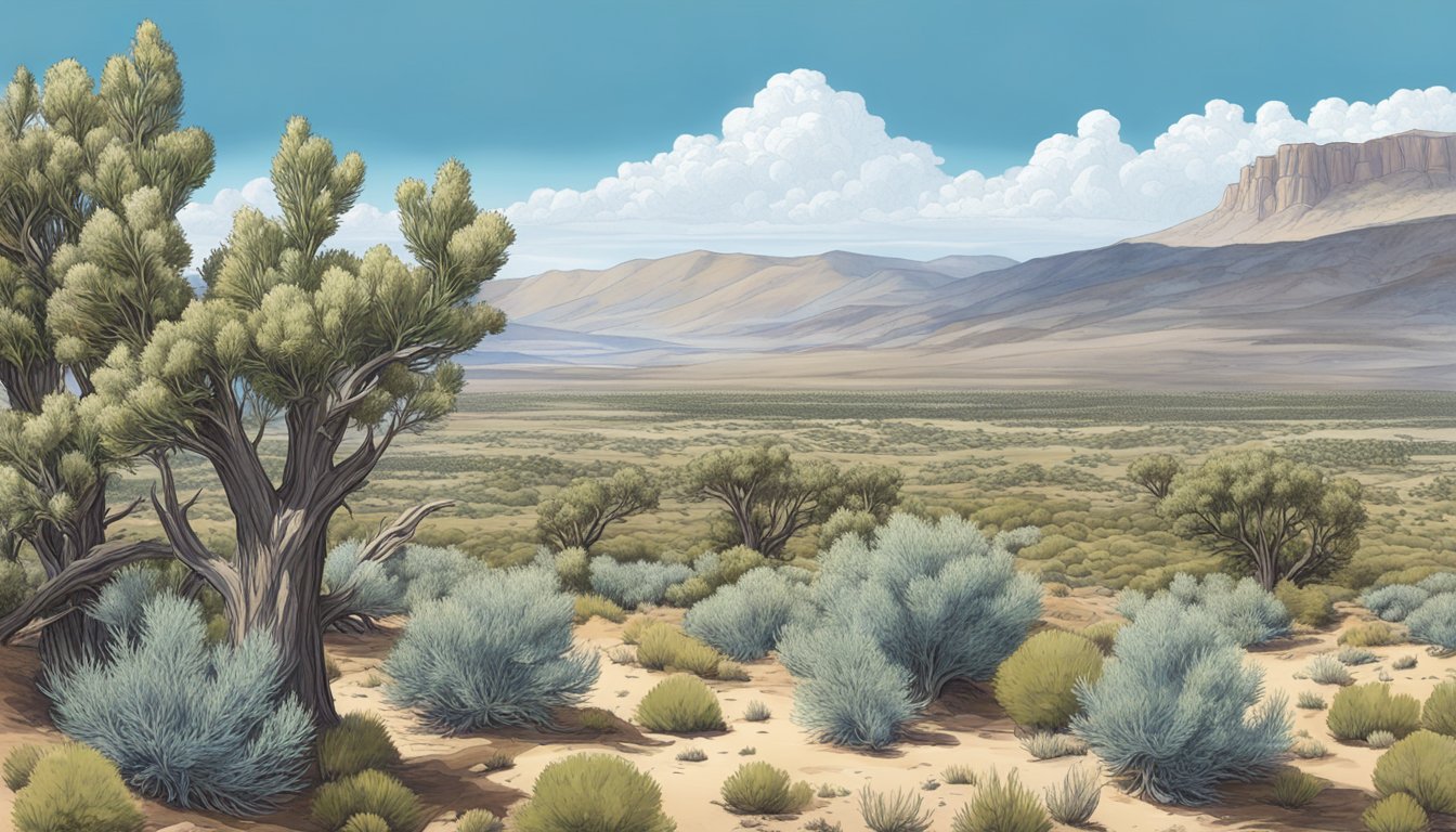 The Great Basin landscape with sagebrush, juniper trees, and native edible plants under a clear blue sky