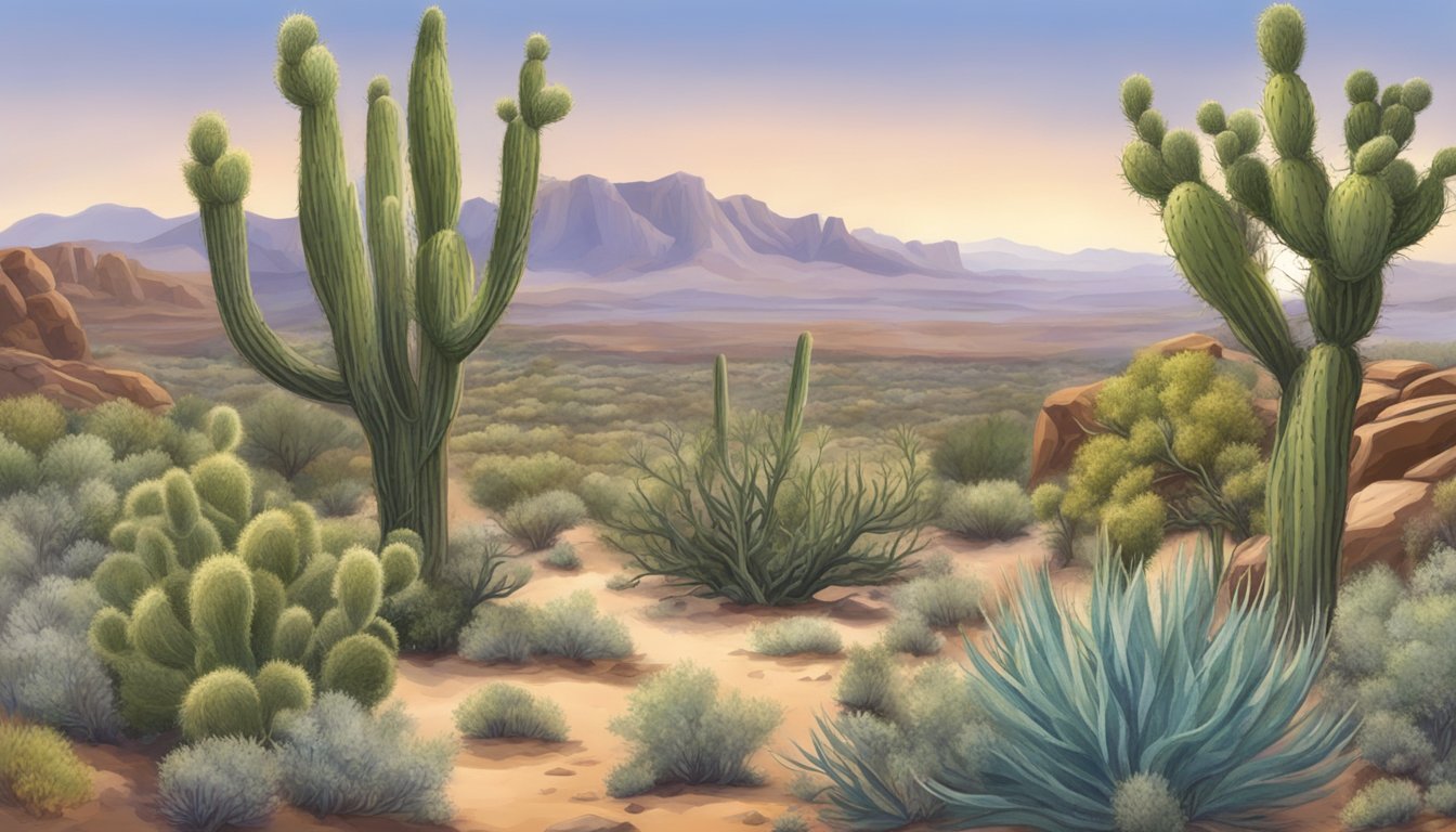 A desert landscape with sagebrush, juniper trees, and prickly pear cacti. Native edible plants like Indian ricegrass and desert parsley grow among the rocks