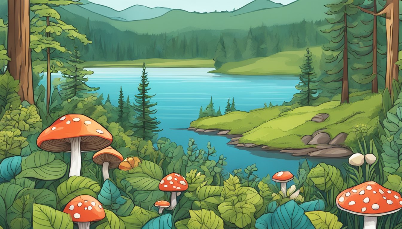 A lush forest floor with wild berries, herbs, and mushrooms, surrounded by a serene lake and rolling hills