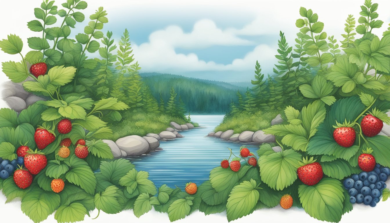 Lush green plants thrive along the shores of the Great Lakes, including wild strawberries, blueberries, and cranberries