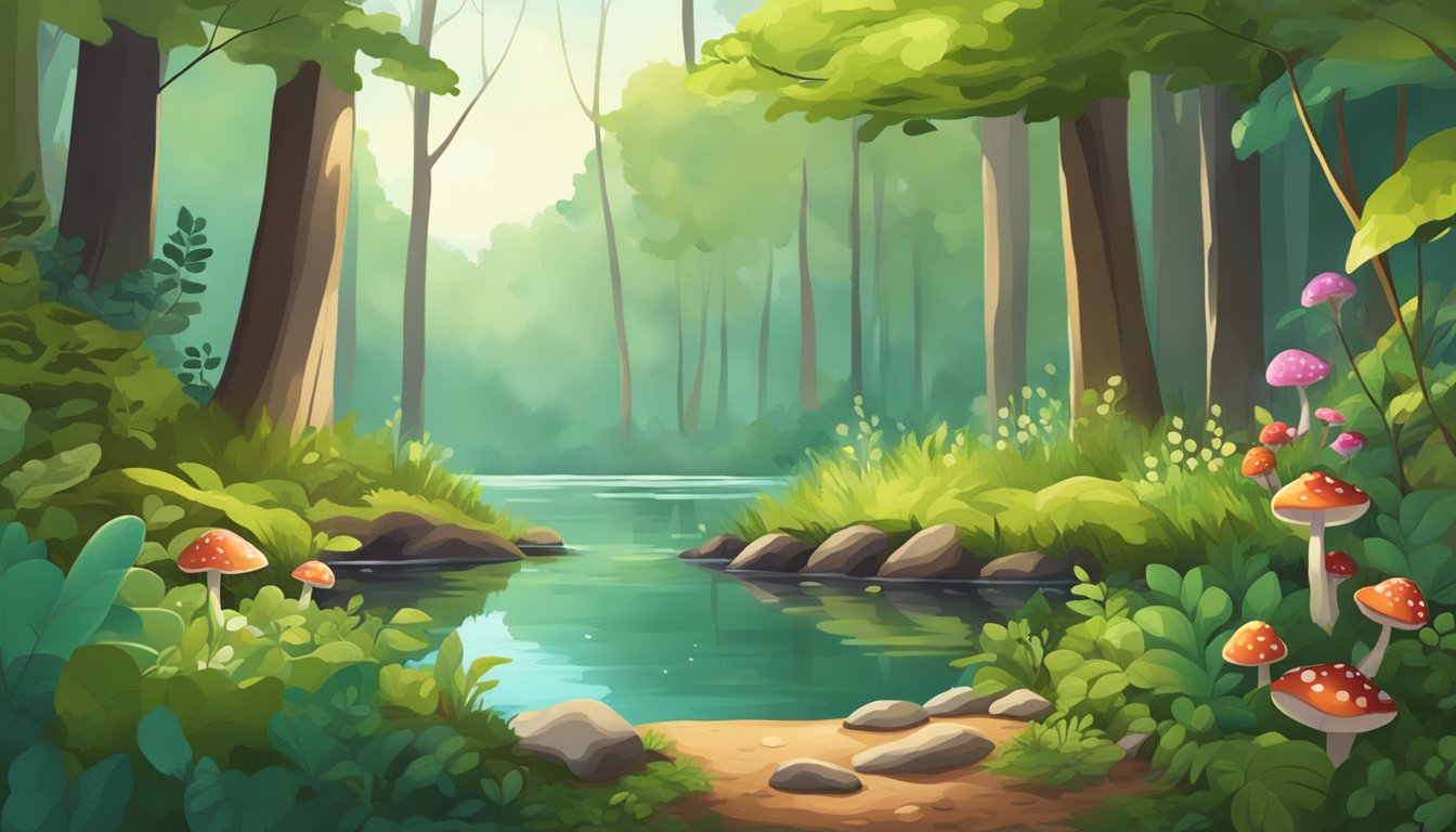 A lush forest floor with wild berries, vibrant green leaves, and mushrooms growing near the edge of a tranquil lake