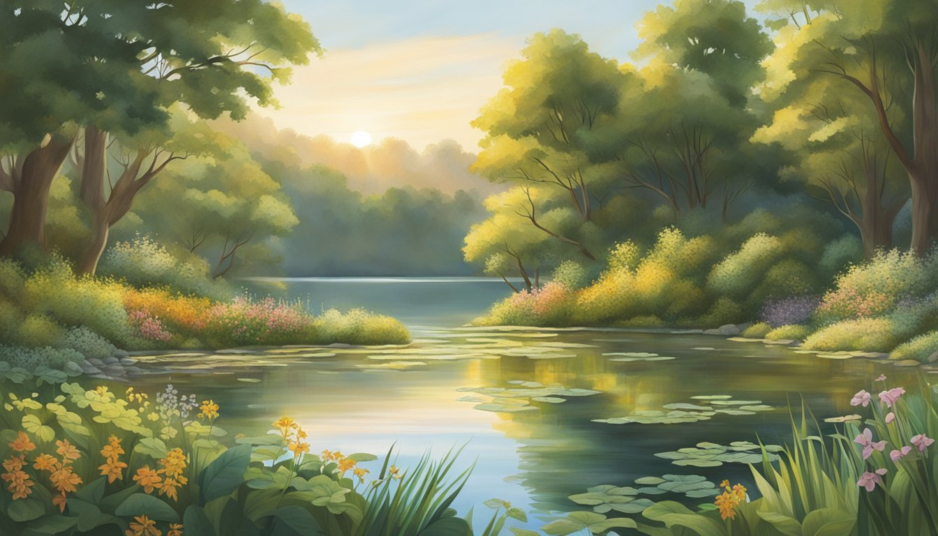 Lush greenery surrounds a serene lake, with a variety of native edible plants thriving in the rich soil. The sun casts a warm glow over the landscape, promising a bountiful future