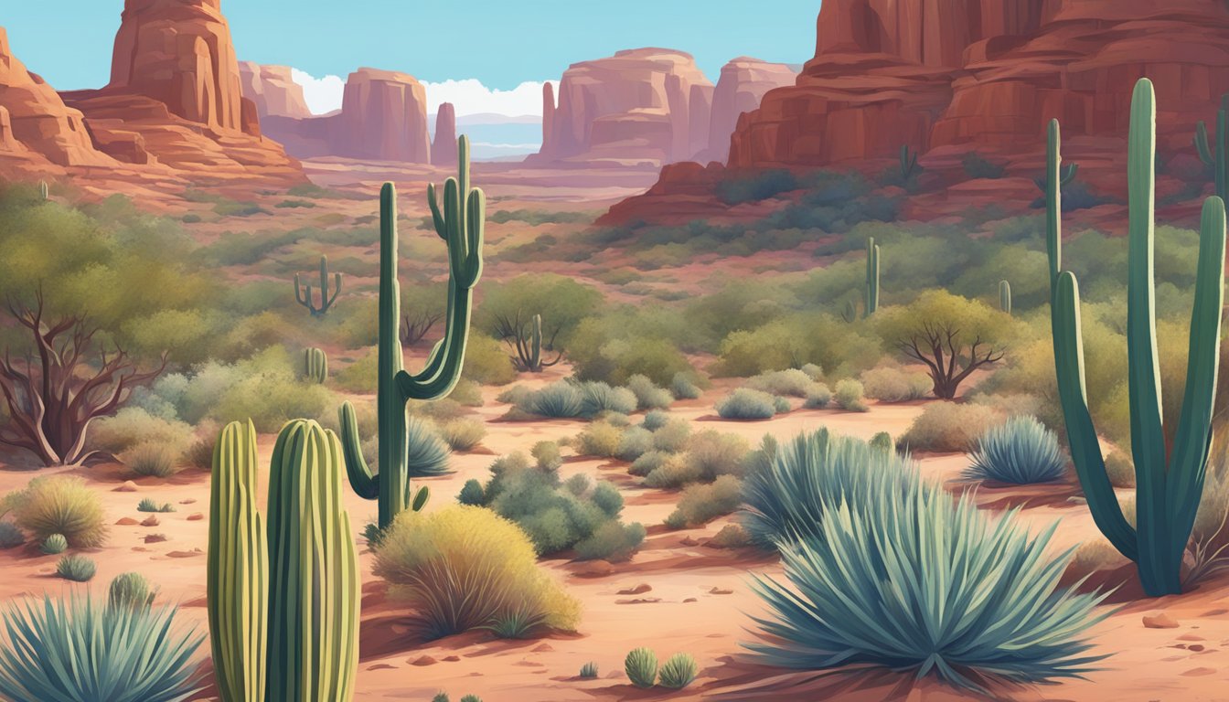 A desert landscape with cacti, sagebrush, and juniper trees, surrounded by red rock formations and a clear blue sky