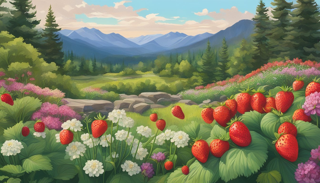 A garden filled with vibrant native plants like strawberries, raspberries, and wild onions, growing against the backdrop of the rocky front range mountains