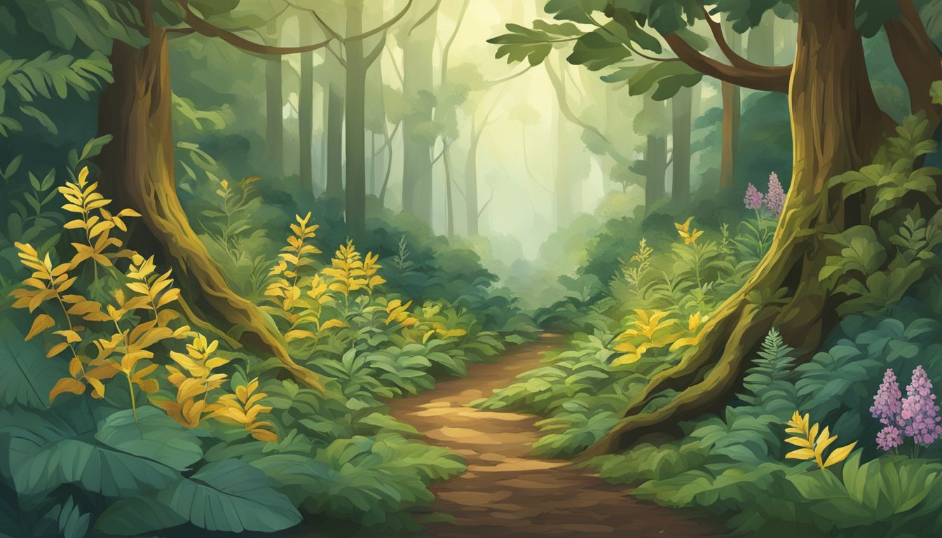 A lush forest floor with native plants intertwined, a golden triangle formed by the interaction of roots, leaves, and flowers