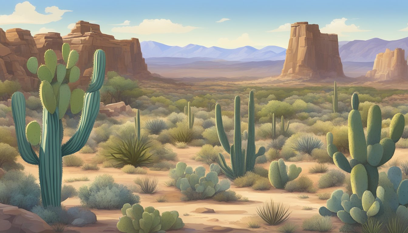 A desert landscape with prickly pear cacti, sagebrush, juniper trees, and mesquite bushes, surrounded by ancient ruins and petroglyphs