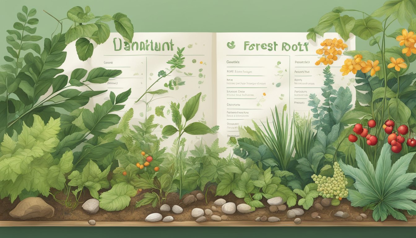 A lush forest floor with various native plants, including berries, leaves, and roots, accompanied by a detailed nutritional chart