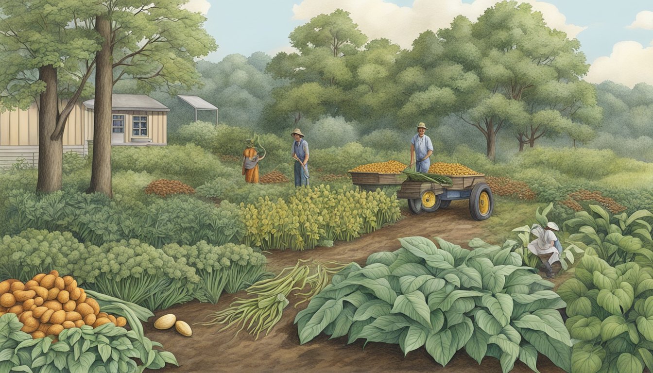 An outdoor scene with a variety of native edible plants, such as ramps, sassafras, and pawpaws, being harvested and prepared for culinary use