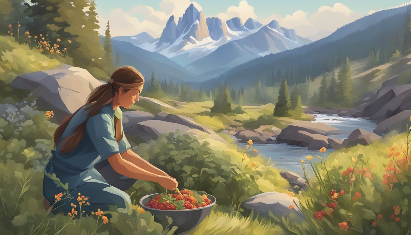 A figure collects wild herbs and berries, while another prepares to dry and preserve them, surrounded by the rugged beauty of the Rocky Mountains