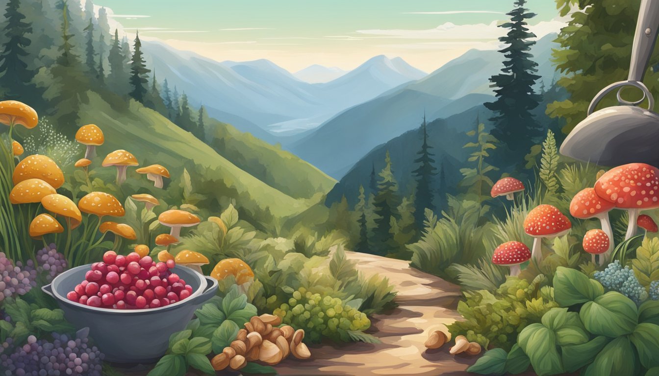 A mountainous landscape with native plants like wild berries, mushrooms, and herbs. A chef gathers ingredients, inspired by the natural surroundings for culinary creations